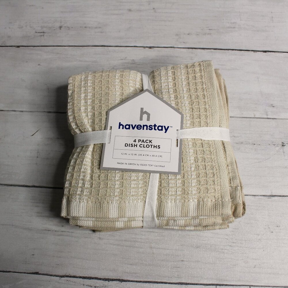 Havenstay Kitchen Dish Cloths Set 4 Piece Pack White Beige 100% Cotton